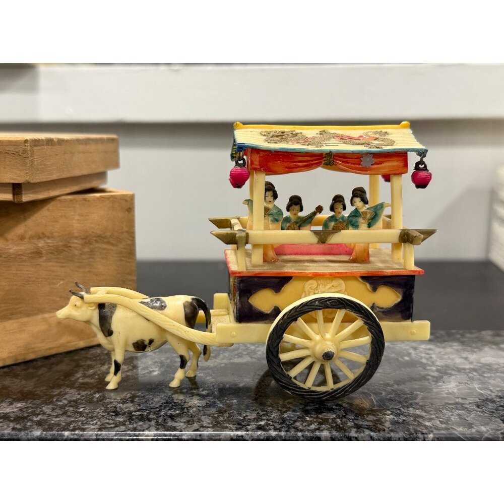 Vintage Mini Handcrafted Ox Cart Figurine With Painted Riders & Canopy